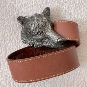 Anthropologie Pewter bear buckle leather belt Med